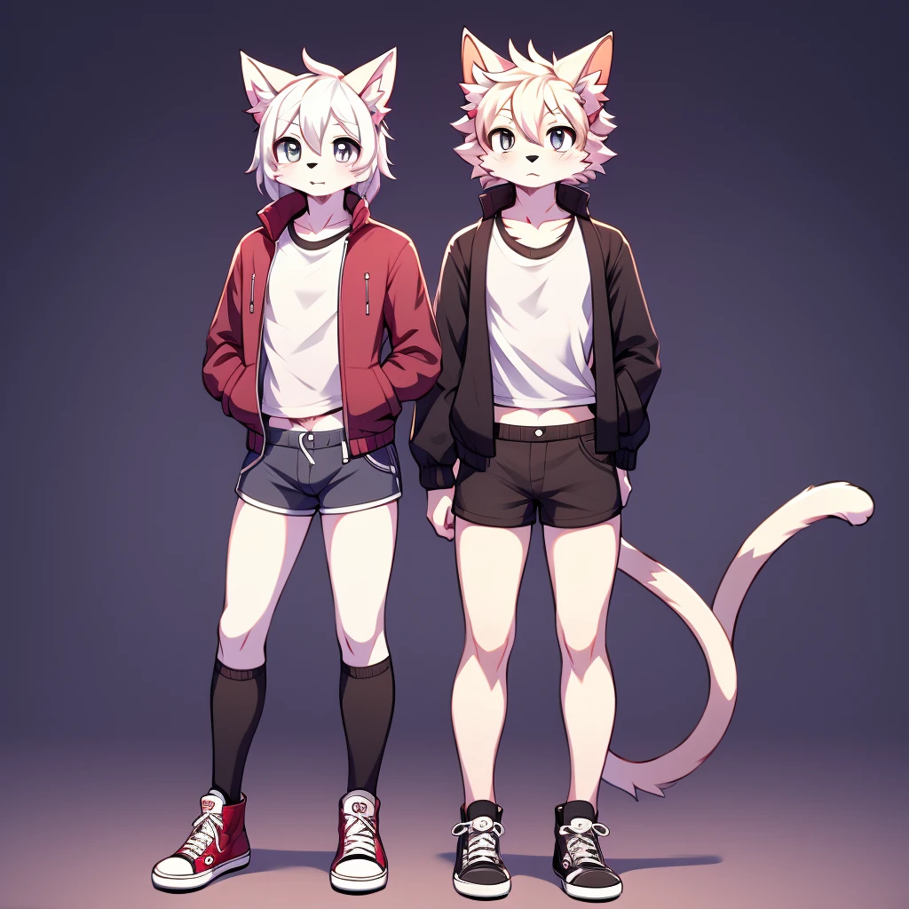 furry,kemono,anthro,
chimera cat,giant fluffy cat ears,cat tail, black and white fur, white eyes, black and white messy hair, slim, twink, femboy, 
 jacket, cropped shirt, shorts, thigh high socks and converse shoes, 
best quality, 4K, UHD, masterpiece, 