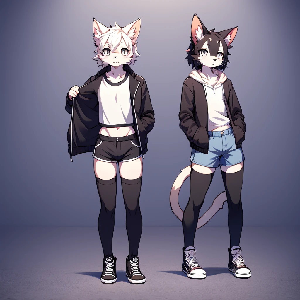 furry,kemono,anthro,
chimera cat,giant fluffy cat ears,cat tail, black and white fur, white eyes, black and white messy hair, slim, twink, femboy, 
 jacket, cropped shirt, shorts, thigh high socks and converse shoes, 
best quality, 4K, UHD, masterpiece, 