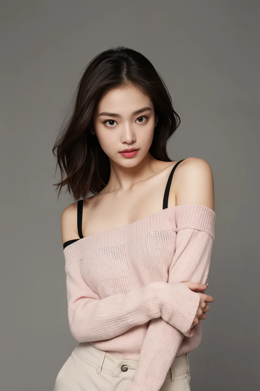 (colored picture), Photo realistic of beautiful asian、slender abs, (Highlight Haircutreast A Cup:1.2), small breast, round shape breast, perfect shape breast,(( )), She should have a serene expression, with large, expressive eyes and rosy lips. The woman is wearing an elegant light pink, off-the-shoulder sweater, with a hint of a (((black strap visible))), set against a soft, neutral background that emphasizes her gentle and stylish appearance