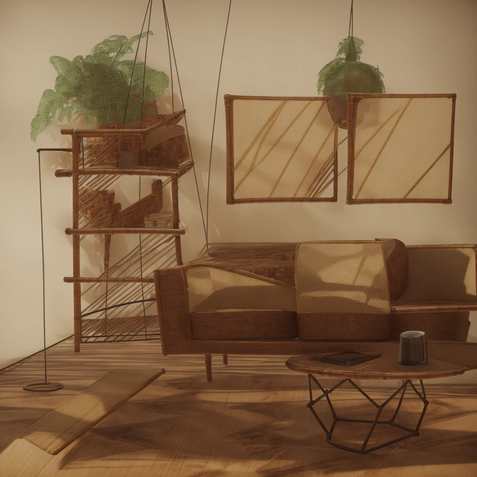 1 livingroom, 8k render , vray , japandi style, tea table made by black oak surface and morden rattan leg, (((chair made from wooden and rattan)))