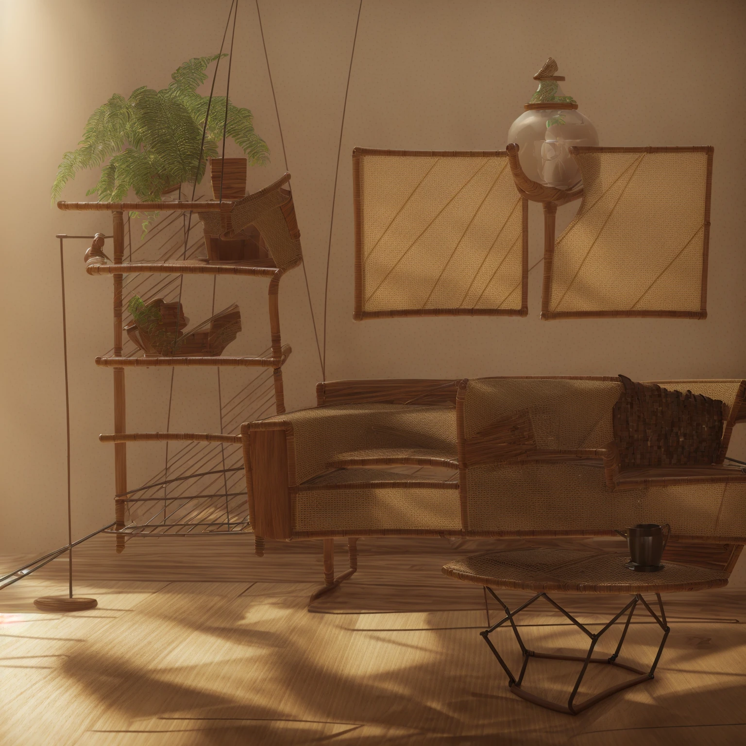 1 livingroom, 8k render , vray , japandi style, tea table made by black oak surface and morden rattan leg, (((chair made from wooden and rattan)))