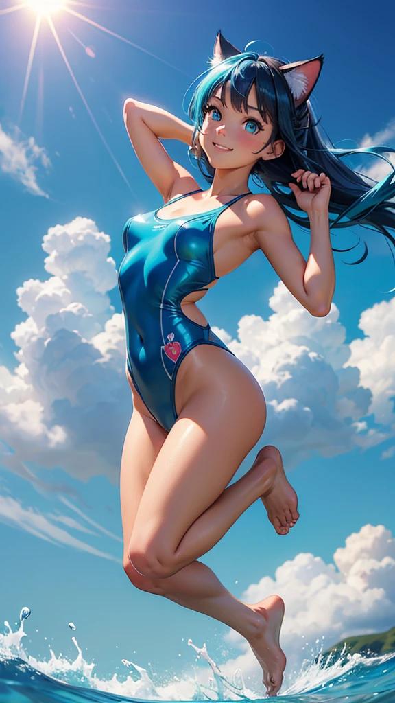 (high resolution, full body, soft skin:1.2),(best illustration,masterpiece:1.2),ultra-detailed,[(cat ears , aqua blue inside:1.2, blue twin tail hair, aqua blue eyes, cat eyes, tan skin),vivid colors,sharp focus, sun lighting,bokeh, wearing a red plaid swimsuit, smiling, jumping in the air