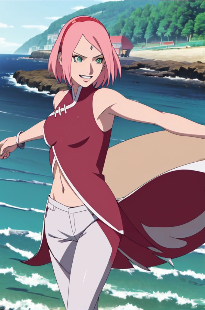 (masterpiece, 8k, anime style, hand drawing, vector coloring, portrait, face shot, professional artwork, detailed beachside background, intricate details, colorful, bold drawing lines), (ultra detailed body, ultra detail hair, ultra detail face, attractive, seductive, happy, open mouth, dirty armpits, raised eyebrows, closed fists), trending on pixiv, kind smile, very hot color, best quality, 1girl, hires, haruno sakura, contrasty lighting, (forehead mark, milf, red hairband, pale skin, short hair, ((red sleeveless dress), white pants), navel, belly button, groin, bracelet, looking at viewer, pink hair, green eyes, perfect eyes, white sciera, anime eyes, smoky eyeliner, eyeshadow, perfect face, smile, beach, wind, detailed arms, off-shoulders, muscular arms, standing), sunnyday
