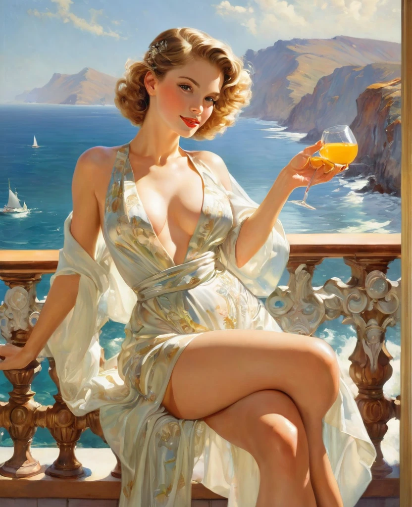 (masterpiece oil painting), 1 woman, breakfast at a luxurious table full of treats, a beautiful peignoir is thrown over the shoulders and unbuttoned in the middle, (show your pussy:1.6) one leg laid to the side, (pussy pubic hair visible:1.7), Smile on his face, ethereal and beautiful Hugo Boss model from the 1940s.., Beautiful painting with a very detailed face by Alphonse Mucha.., Craig Mullins, Greg Rutkowski, Magali Villanueva, (The most beautiful picture), The whole body is visible, sexy pose, ideal body shape, (view from below from the floor:1.3), on the balcony against the backdrop of the beautiful seashore, mountains