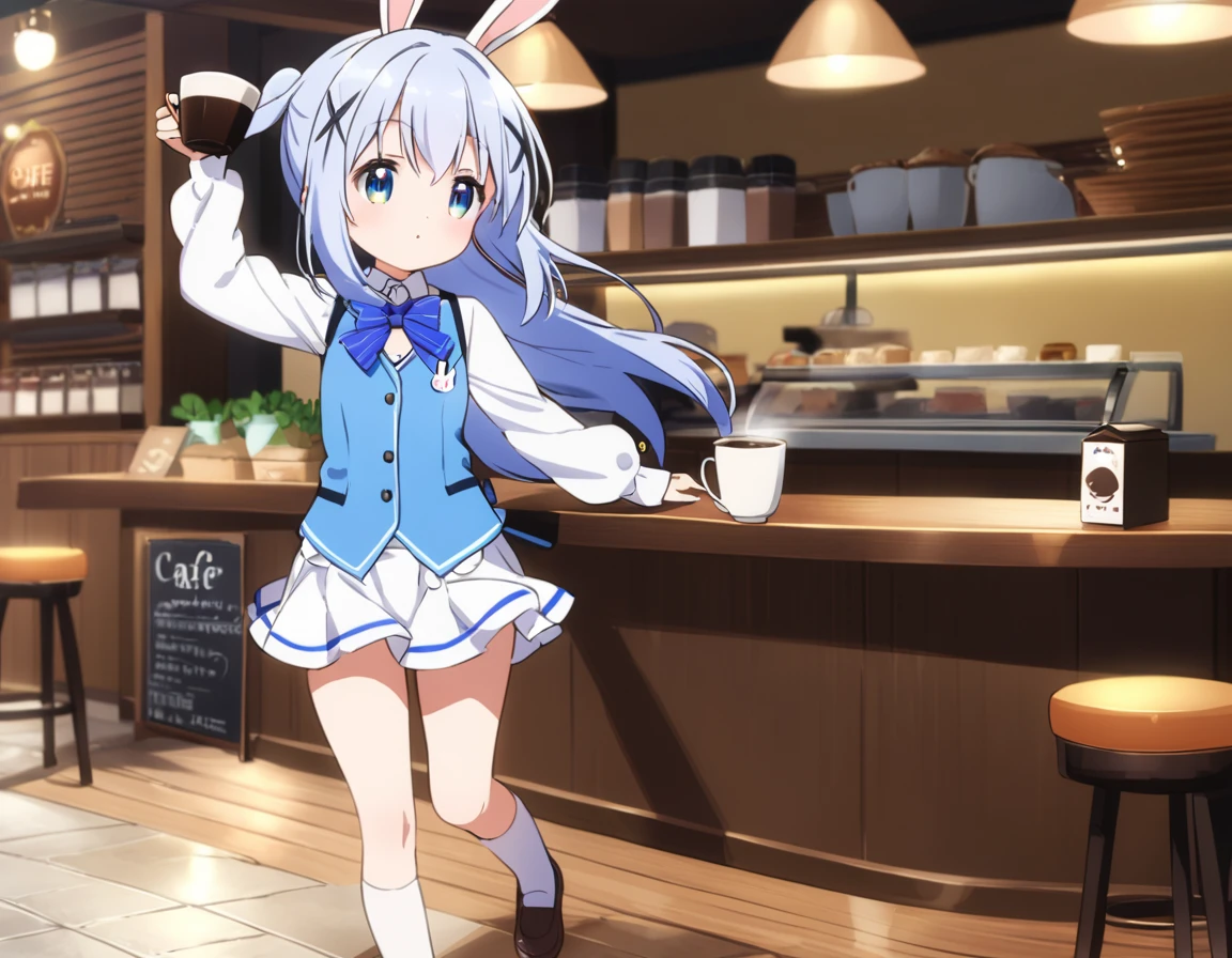 chino, best quality,perfect face, shining eyes, cafe,serving coffee,****,full body,blue vest,short skirt,rabbit ornaments, walking,