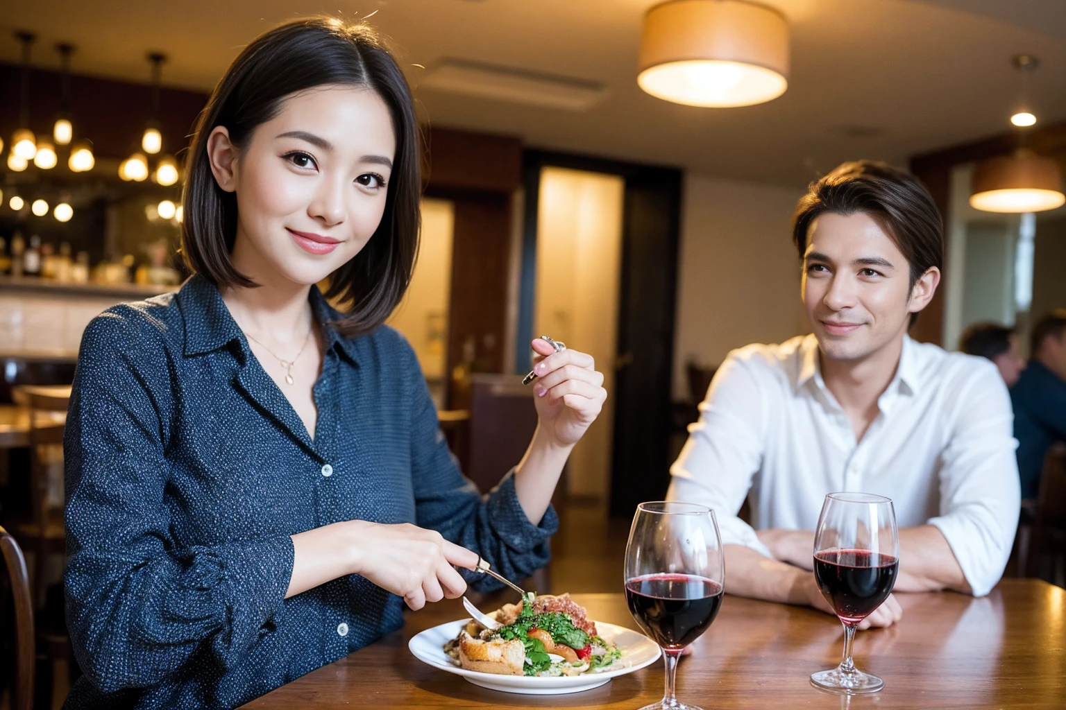 ((Highest quality、8K、masterpiece:1.3))、1 male、1 female、spouse、Beautiful couple、Japanese couple、smile、 (Slim face), (the body is ス??), (Brown Hair), (Shortcuts), ((Bob Hale、Straight hair:1.2)), テーブルの上のwine glass、Please shine a light on my face、 Amazing view of the sunset sky and clouds、smileの美しさ、Bright image、Blushing, Shortcuts,Bright Face、 (36 years old), 39 years old, red wine 、Appetizers、Italian food、Wine bottle、Champagne、sparkling wine、Long sleeve shirt、dress、Attractive beauty、restaurant, Nova Frog Style, actress, model, Upper Body, White wine, red wine, wine glass, 