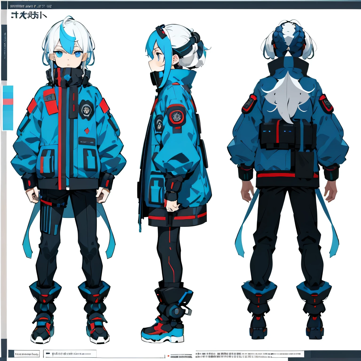 (masterpiece, best quality) detailed, boy, cyberpunk, white hair, Blue eyes, A dazed expression, Kawaii, drawing reference, reference, Line Art, Color drawing (Character Design Sheet, Same role, whole body, 3 Views, front facing, side, retreat)
