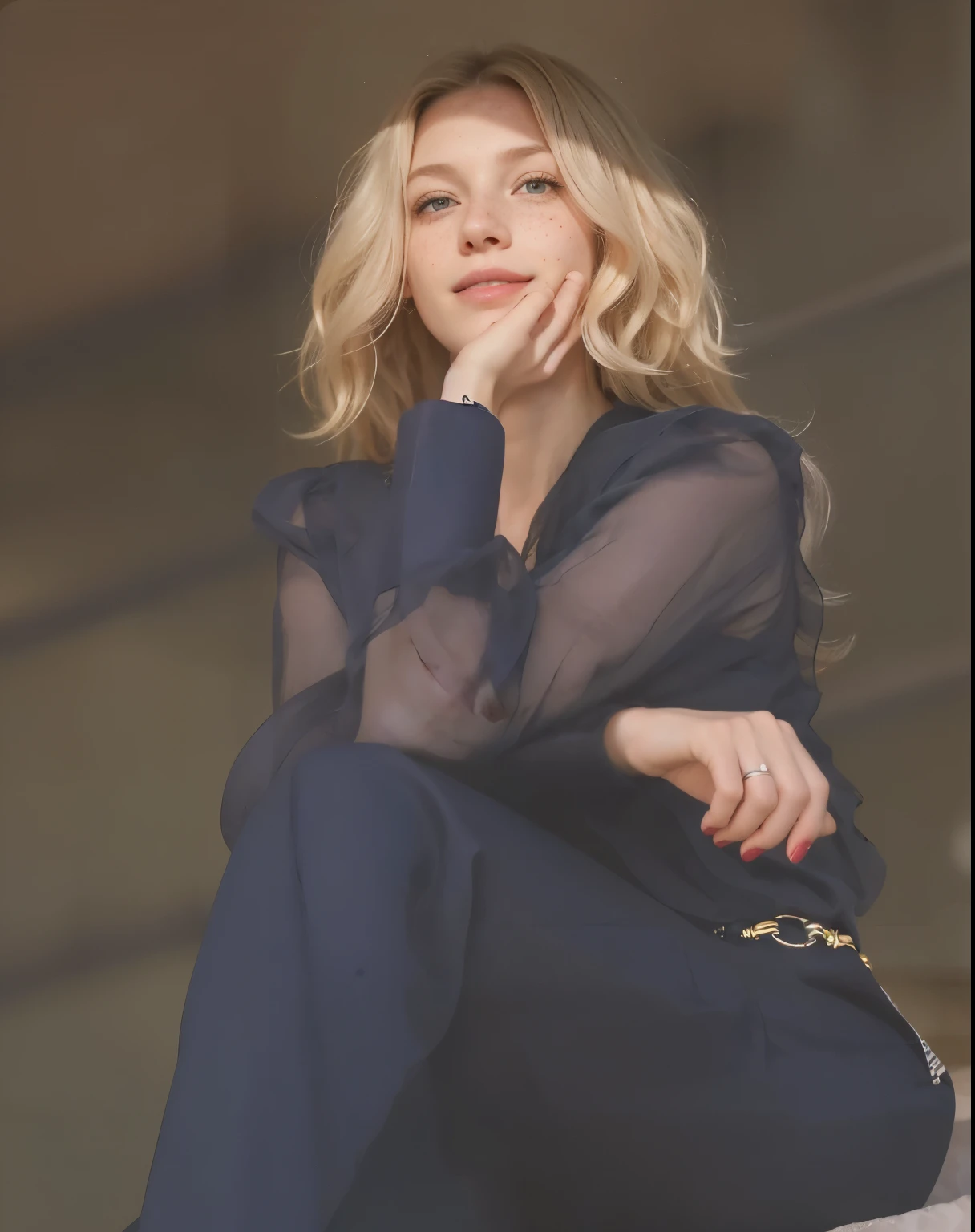 a one woman, americana, 35 year old, pale skin and freckles, grey-eyed, delicate nose, soft and delicate lips, distant, cabelo blondie distant e ondulado na altura da cintura, Sweet smile, face with delicate feminine facial features, Highly Rendering