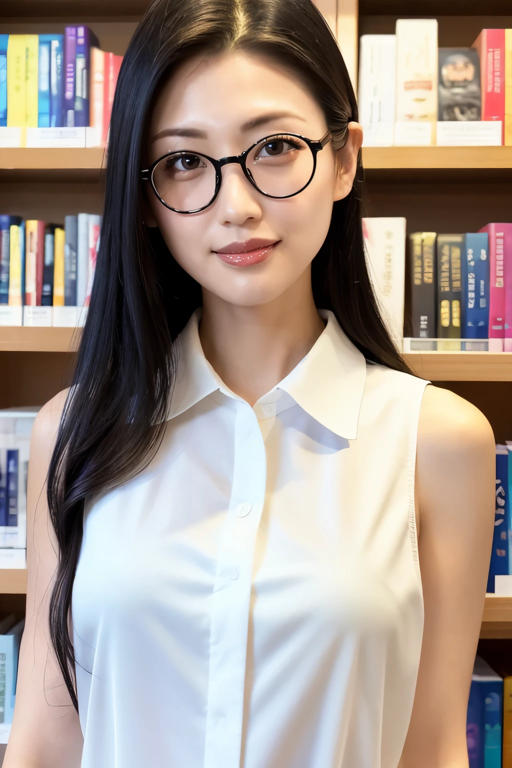 (Highest quality、Tabletop、8K、Award-winning works、Ultra-high resolution、Best image quality)、One beautiful woman、(The perfect sleeveless white collared blouse:1.3)、(Cleavage:1.4)、(Elegant round glasses:1.2)、library、(Standing Elegantly:1.1)、(Strongly blurred background:1.1)、Stand next to a bookshelf、(Perfectly organized bookshelf:1.1)、Bookshelf in the background、居心地の良いlibrary、lipstick、Long eyelashes、Perfect Makeup、Emphasize lines、soft and warm lighting、Detailed bookshelf、(Ultra-high resolutionの正確な美しい髪:1.1)、(Accurate anatomy:1.2)、Ultra-high definition beautiful eyes、(Super bright and radiant skin:1.1)、(Face close-up:1.1)、(Expressionless:1.2)