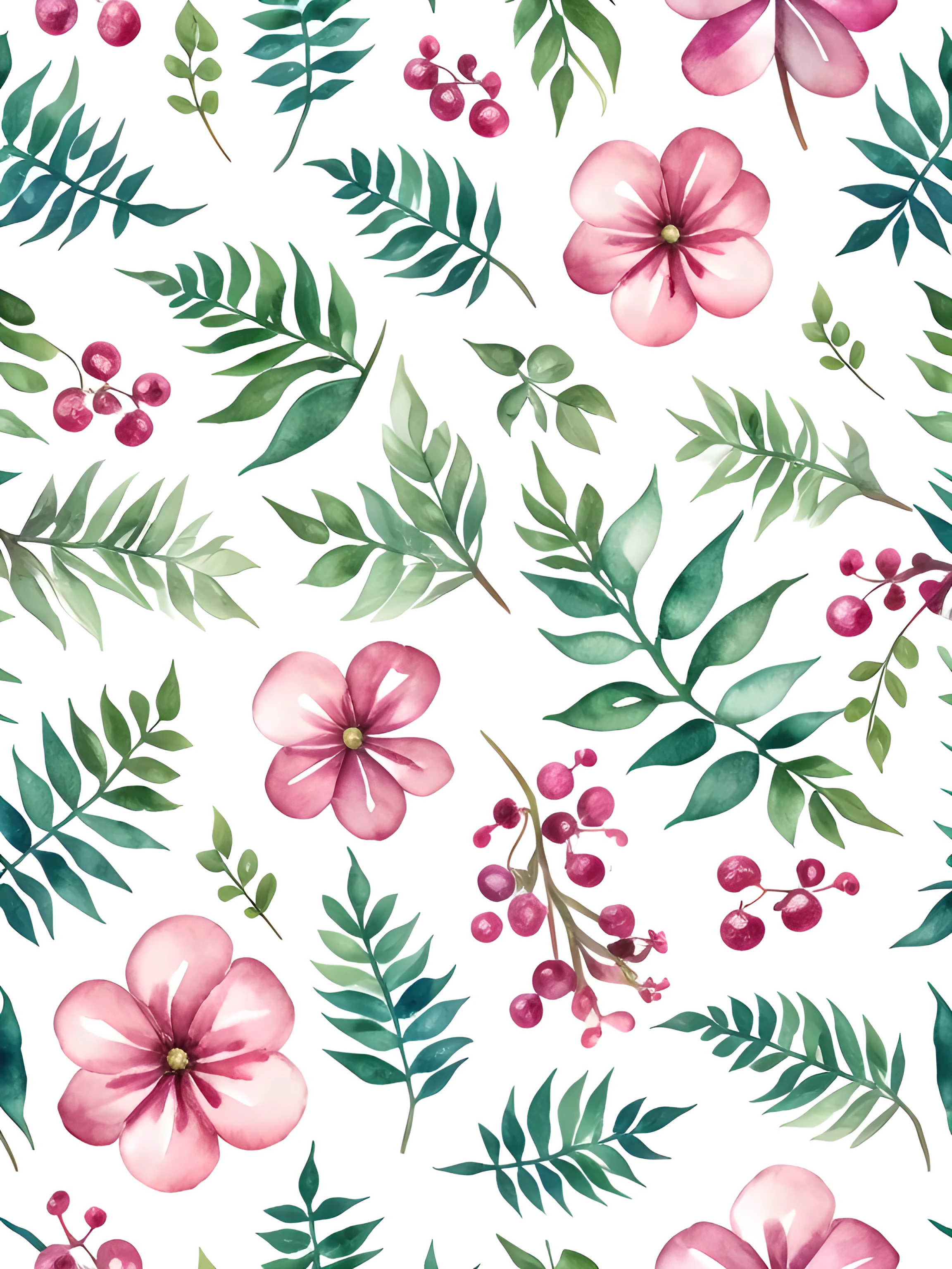 Watercolor pattern of beautiful flowers, berry, Ferns, foliage, Calming colors #3b4195 Color background. Watercolor paper texture.