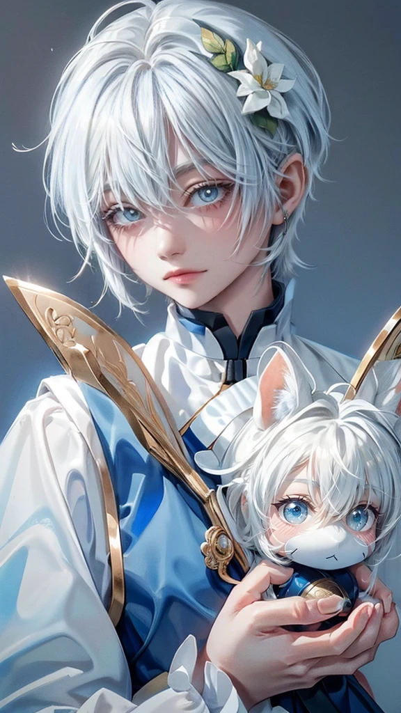 (Detailed beautiful eyes).((Short-haired white hair)). ((Smaller face)). ((Neutral face)). ((Bright blue eyes)). ((Upper body photography)). Tang hu lu, candied haws, cute, young, holding a Tang hu lu, happy, Ming dynasty market, cute, detailed face, perfect fingers, detailed market in the background, hanfu,more_details:-1, more_details:0, more_details:0.5, more_details:1, more_details:1.5,(master piece), boy