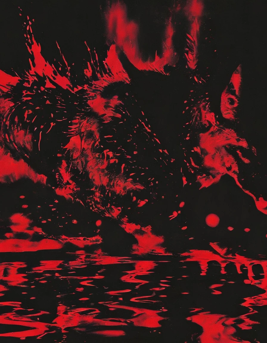 snakes in water, red sunset background