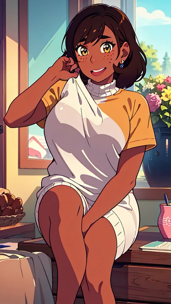 Solo, female, dark skin, black skin, bang hair cut, covering left eye, short hair, (highlights in her hair, hair highlights), plump lips, light brown hair, dark brown eyes, straddling pov, curvy, thicc, smooth skin, strong chin, (looking to the side, freckles all over her body), striped grey and brown turtleneck sweater, thong, cameltoe, bitten lips, amorous posing: