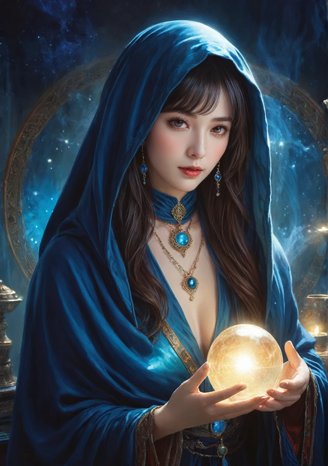 Female fortune teller. Attractive, beautiful and mysterious. She wears a blue cloak and has distinct features. The atmosphere is bright and sparkling, full of anxiety and anticipation. A fortune teller is standing there. The body is facing forward. he is looking at you He holds a crystal ball in his right hand. The lighting in the room is bright, creating a magical atmosphere. Best picture quality, 4k or 8k resolution. The level of detail is very detailed and realistic, close to photorealism. Artistic style should reflect an official aesthetic with bright colors and strong contrasts. The color palette should emphasize the mystical and mystical theme of the work. The fortune teller's cloak is decorated with metal edging with a thickness ratio of 1.5 and intricate designs. The overall atmosphere is magical, like a starry sky. The expression on the fortune teller's face should arouse mystical interest.shoot from front
