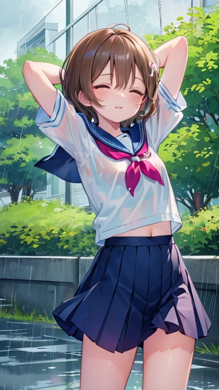 Highest quality, masterpiece, Ultra-high resolution, 8K, Show anime style , One, Soft line drawing, Digital Enhancement, shojo anime touch, shojo manga core, Flowing fabric, close, Soft Drawing, Ultra High Definition Digital Anime Art, Clear facial depiction, Highly detailed girl manga character art, Ultra-detailed manga style, Highest qualityの色, (Short brown hair)), Staring at us from the front, Beautiful brown hair, Clear brown eyes, A little chubby,Small breasts,Small Ass,(((Lift your head and close your eyes))) ,Summer sailor uniform,School zone,(((The rainy season is falling))),Get soaked in the rain,Open your arms to catch the rain,Wet Rat