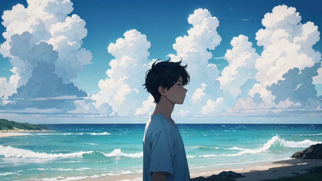 ### Prompt for Generating Flawless Illustration:
"Generate an illustration of a man standing along a serene coastline under the sunlight. Behind him, cumulus clouds fill the summer sky, which stretches high and blue. His expression reflects tranquility and a profound connection with nature, creating a harmonious scene."
### Anime-style Thumbnail for YouTube:
"Create an anime-style illustration for a YouTube thumbnail depicting a man gazing at a summer sea. Behind him, cumulus clouds float in a vast, clear sky. He stands with a poignant expression, evoking a sense of melancholy."
### Negative Prompt:
"Generate an illustration where a man is facing away from the viewer, looking out at a tranquil summer sea. The sky above features cumulus clouds against a high, summer-blue backdrop, conveying a deep sense of loneliness and melancholy."