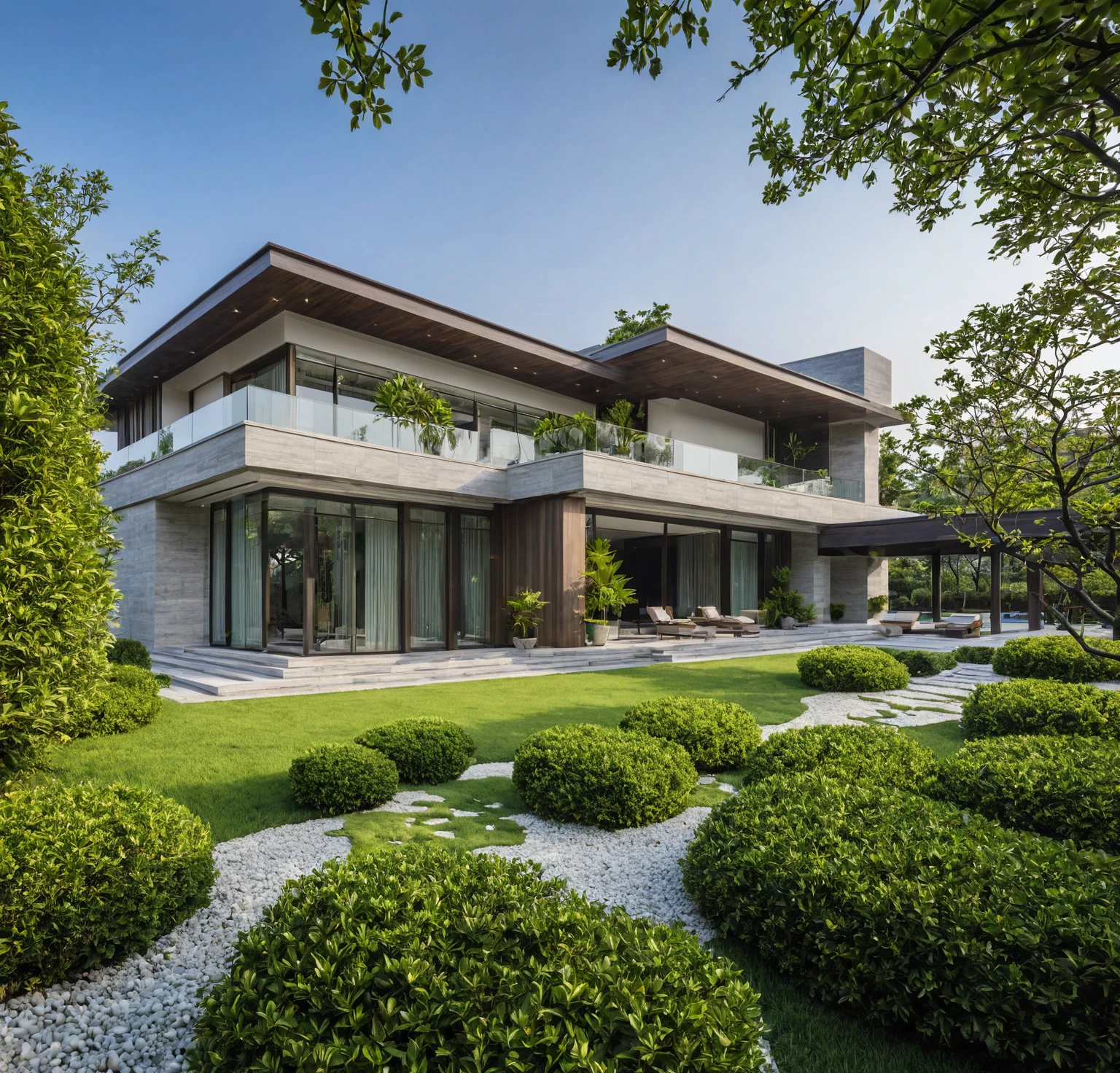 qlcd,tingyuan, photo of modern villa, grassland, garden, shrubs and trees, rock decoration, clear sky, sun light, realistic photo