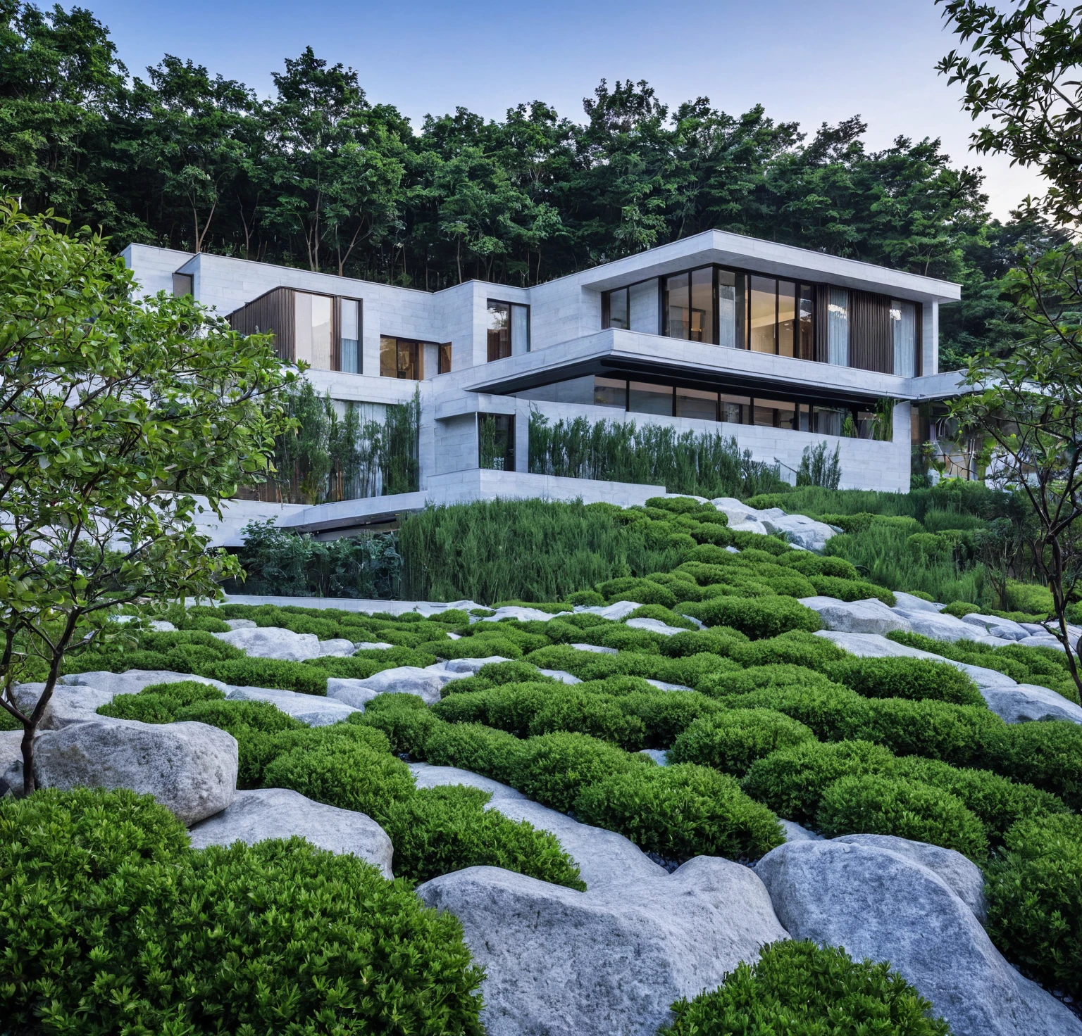 qlcd,tingyuan, photo of modern villa, grassland, garden, shrubs and trees, rock decoration, clear sky, sun light, realistic photo