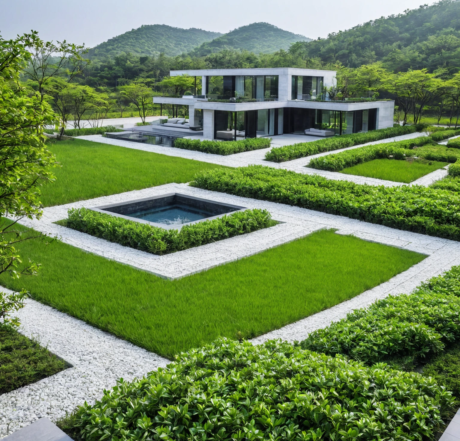 qlcd,tingyuan, photo of modern villa, grassland, garden, shrubs and trees, rock decoration, clear sky, sun light, realistic photo