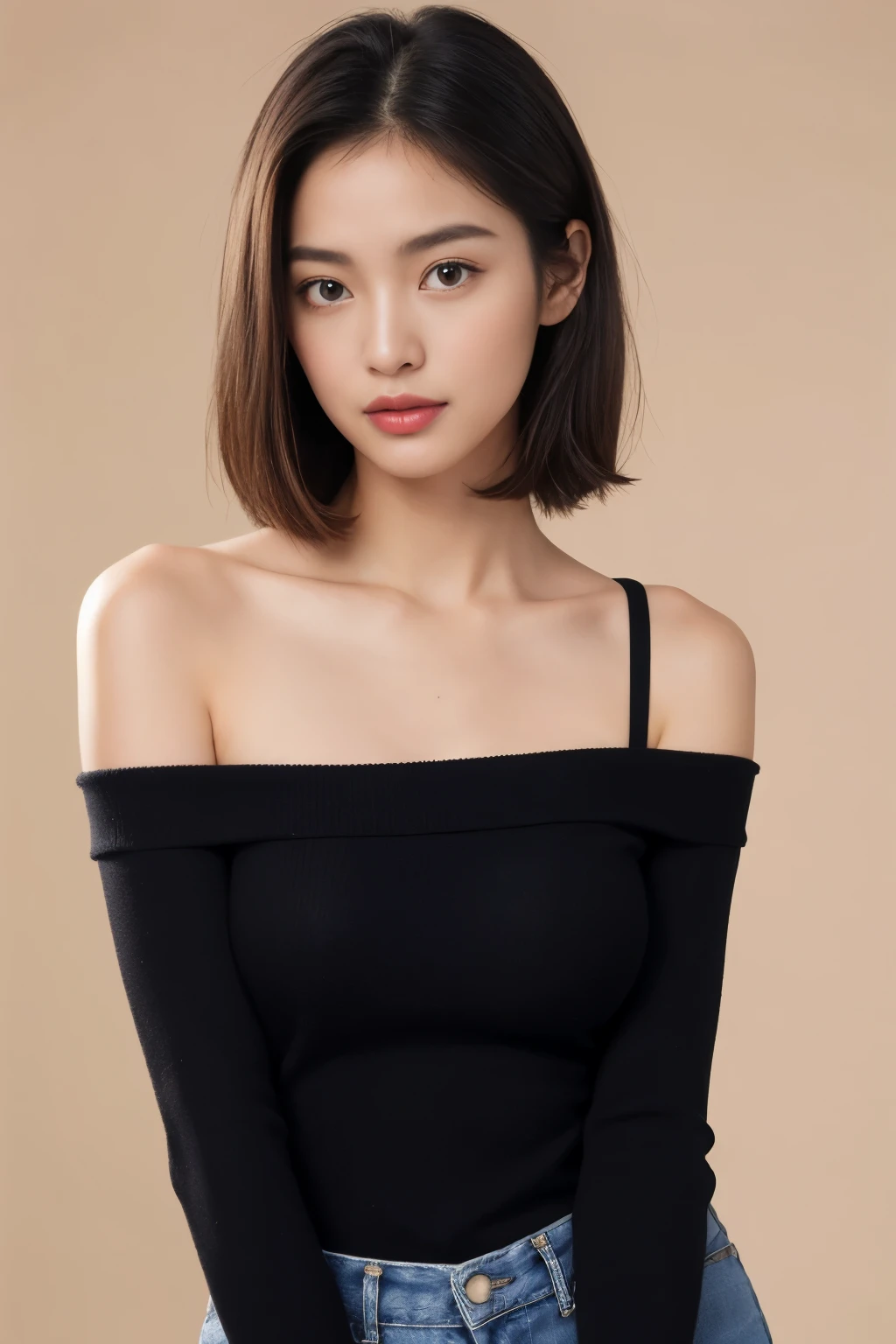 (colored picture), Photo realistic of beautiful asian、slender abs, (Highlight Haircutreast A Cup:1.2), small breast, round shape breast, perfect shape breast,(( )), She should have a serene expression, with large, expressive eyes and rosy lips. The woman is wearing an elegant light pink, off-the-shoulder sweater, with a hint of a (((black strap visible))), set against a soft, neutral background that emphasizes her gentle and stylish appearance