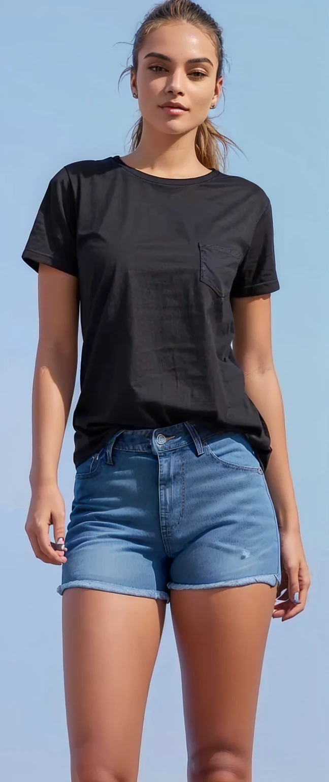 arafed woman in a black shirt and blue shorts posing for a picture, jeans and t shirt, wearing a tshirt preta, wearing pants and t-shirt, wearing a dark shirt and jeans, wearing a tshirt preta, wearing a shirt and jeans, with hands in pockets, with two front pockets, wearing black tee, wearing a tshirt