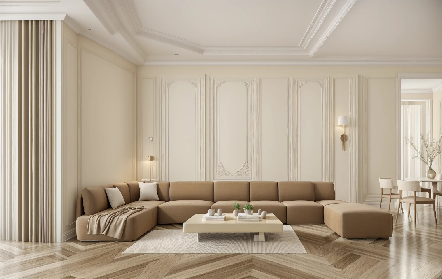 parisian-style livingroom, 1 television on the wall:1.3, a brown wooden floor, cream-colored curtains, a white door, and super sharp photos that exude elegance.