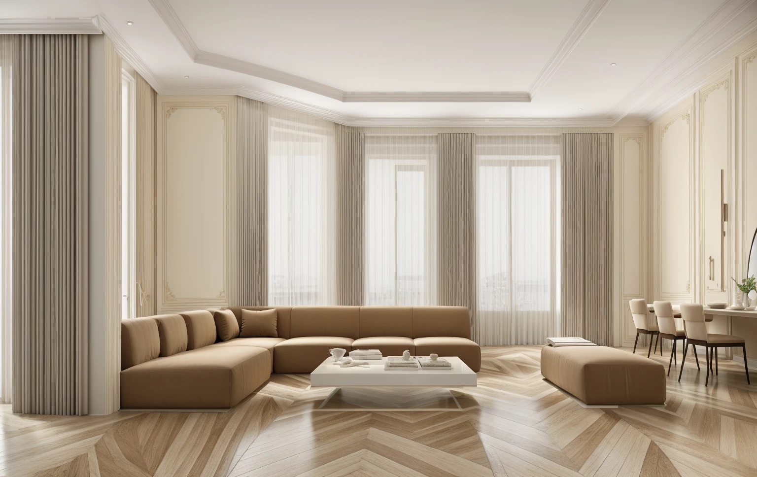 parisian-style livingroom, 1 television on the wall:1.3, a brown wooden floor, cream-colored curtains, a white door, and super sharp photos that exude elegance.