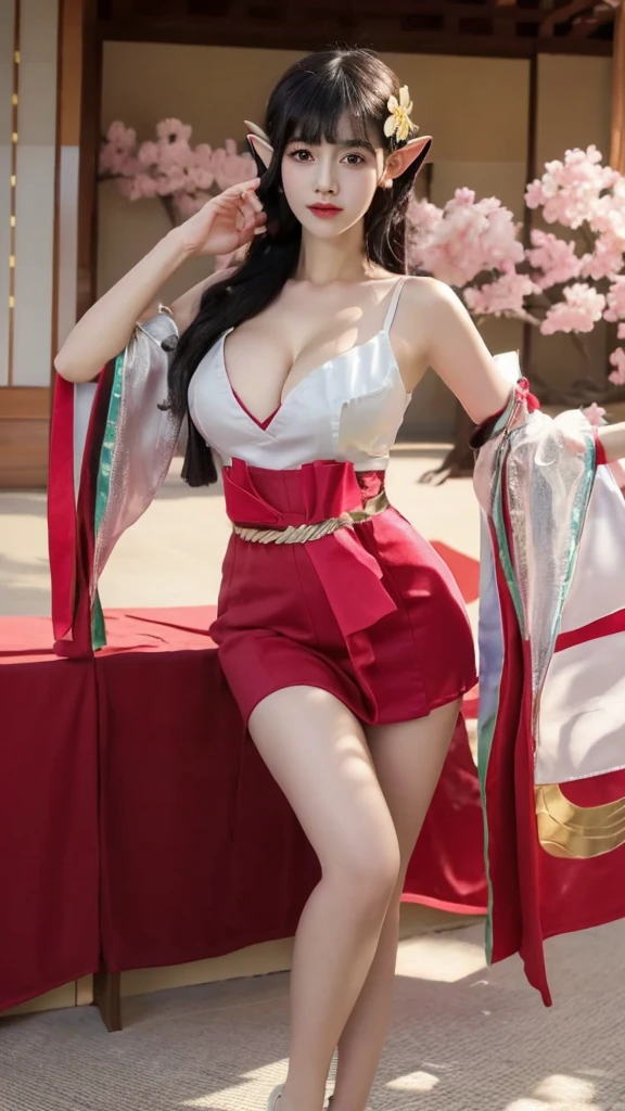 (((big breasts))), cute girls, elf, 1girl, solo, long hair, looking at viewer, skirt, (big breasts and exposed breasts), a slim navel, black hair, hair ornament, gloves, cleavage, brown eyes, detached sleeves, japanese clothes, wide sleeves, blunt bangs, fingerless gloves,stand upright and relax both arms, lotus, lotus leaf, cherry blossom, japanese temple, full body,(masterpiece,best quality:1.5)