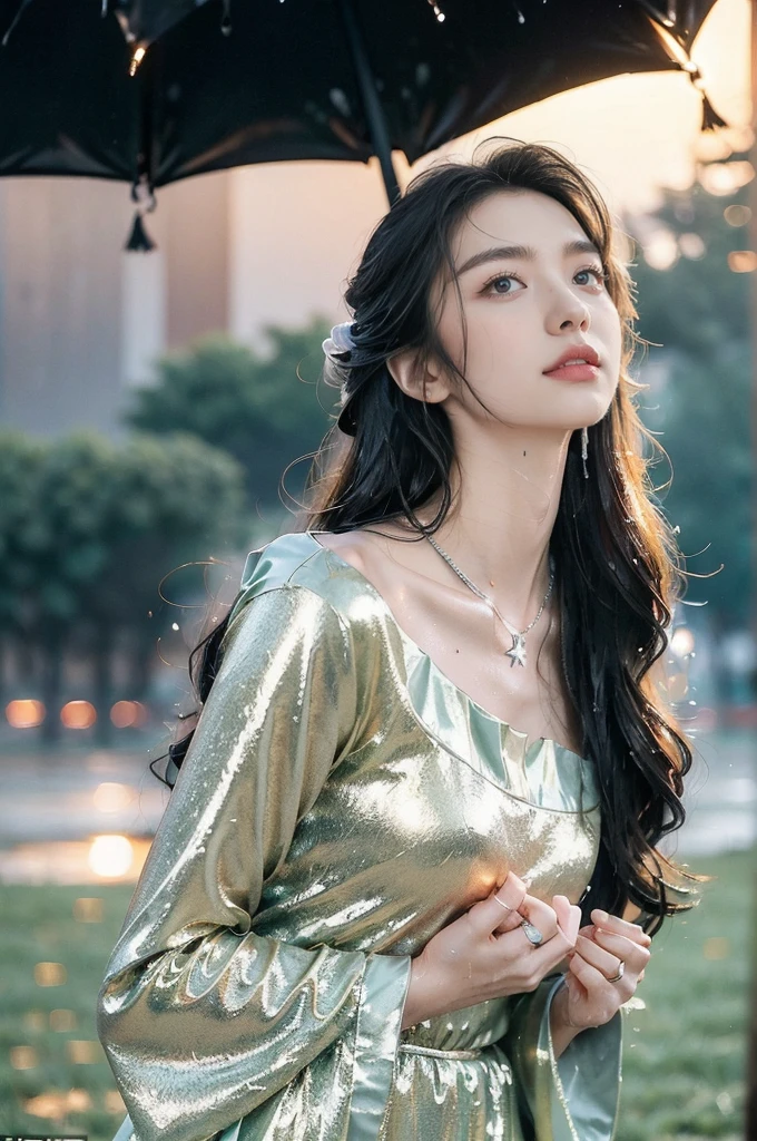 (((best quality))),(((ultra detailed))),(((masterpiece))),illustration,1 beautiful girl,solo,slim,thin,flat chest,shoulder length straight bob hair,flowing hair,fair skin,(shiny skin:1.3),sparkling eyes,blue dress,delicate silver necklace,grass,dewdropletts,trees,bird chirping,(shimmering shadows:1.3),serenity,gratitude,awe,wonders of nature,peace,contentment,magnificent world,summer,(sunrise:1.5),(pitch-dark dawn:1.5),upper body,from front,(after rain:1.3),(wet:1.3),standing,dark clouds,confident gaze,elegant posture,mysterious atmosphere,solemn mood,beam of light,deep blue sky,dawn approaching,detailed decorations