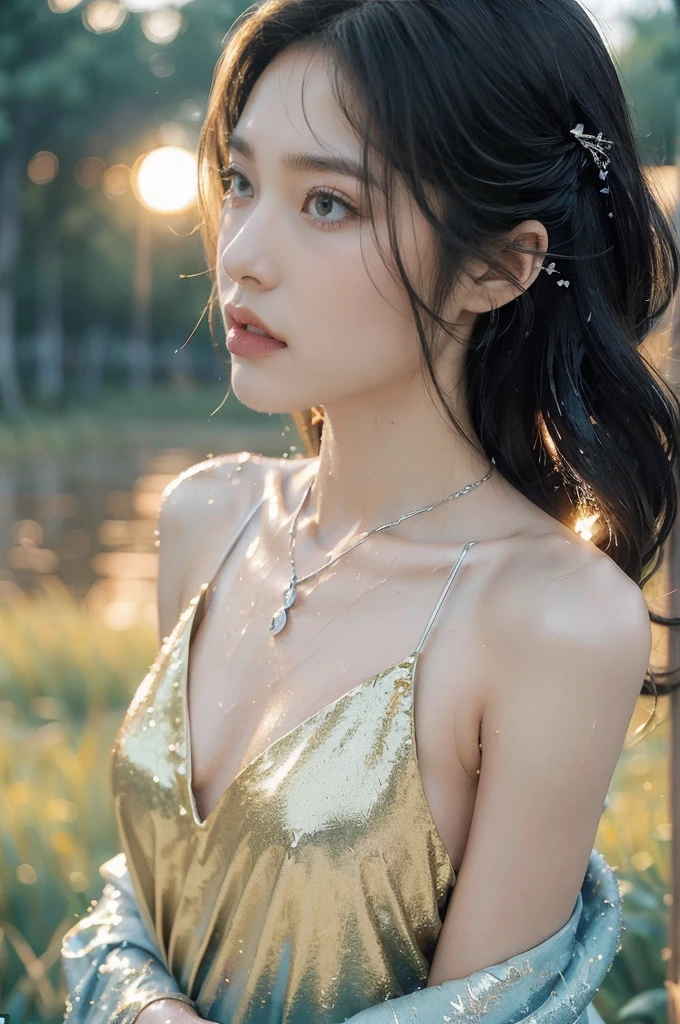 (((best quality))),(((ultra detailed))),(((masterpiece))),illustration,1 beautiful girl,solo,slim,thin,flat chest,shoulder length straight bob hair,flowing hair,fair skin,(shiny skin:1.3),sparkling eyes,blue dress,delicate silver necklace,grass,dewdropletts,trees,bird chirping,(shimmering shadows:1.3),serenity,gratitude,awe,wonders of nature,peace,contentment,magnificent world,summer,(sunrise:1.5),(pitch-dark dawn:1.5),upper body,from front,(after rain:1.3),(wet:1.3),standing,dark clouds,confident gaze,elegant posture,mysterious atmosphere,solemn mood,beam of light,deep blue sky,dawn approaching,detailed decorations