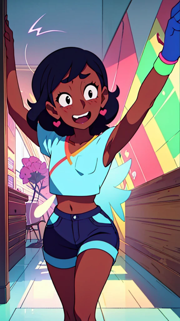 {{{{{{{{  2d/3d hybrid, unreal Engine, cel-shaded animation,  masterpiece, hdr, 4k, ray tracing detailed background, amazing quality, incredibly aesthetic, incredible sharp absurdres, incredibly sharp gradients, deep highlights,  {{connie maheswaran}}, sensualcore,  hyper stylistic, Raw sensuality, fabric texture, sensuous angle, skin indentations, flowing emotions }}}}}, { very darkskin,, age 25, photoshoot in a club, dancing, strong, attractive, perfect},  sensous open back bodysuit, micro shorts star back pockets, beret, "flirty fighter " text along chest , "heart☆berry" stomach tattoo,  teasing, perfect body, square-shaped figure, wide heart hips, perfect black eyes, perfect face, perfect hands, perfect charm, mischievous prankster, impact frame, motion lines, details, , cool tones, rich atmospheric shading, sensual shadowing, Life size body, dynamic angle, dynamic pose,  dynamic perspective, dynamic Line of action, dynamic scenery, atmospheric lighting, Cinematography, 