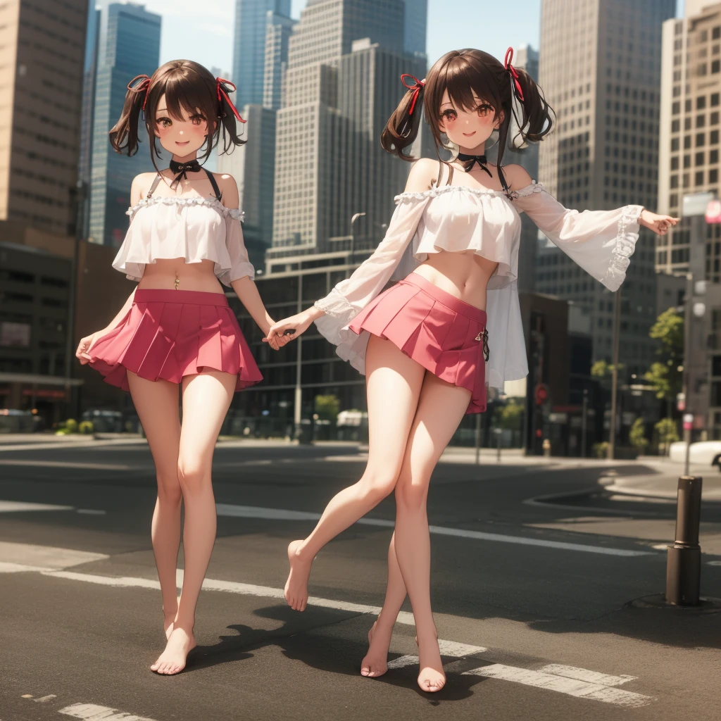 Lumen Reflection、Natural light、Exciting、Three pole color matching、elegant、Looking at the viewer、1 girl、woman、(Underboob)、solo、blush、Open your mouth、smile、Dark Brown Hair、Twin tails、Red eyes、ribbon、赤いribbon、髪のribbon、Crop top、Off the shoulder,camisole,No sleeve,Sleeveless、white collar、Ultra Micro Mini Skirt、Pink Skirt、Pleated skirt、Frills,Raw wrists,barefoot,Belly button piercing?,Metropolis,Megalopolis