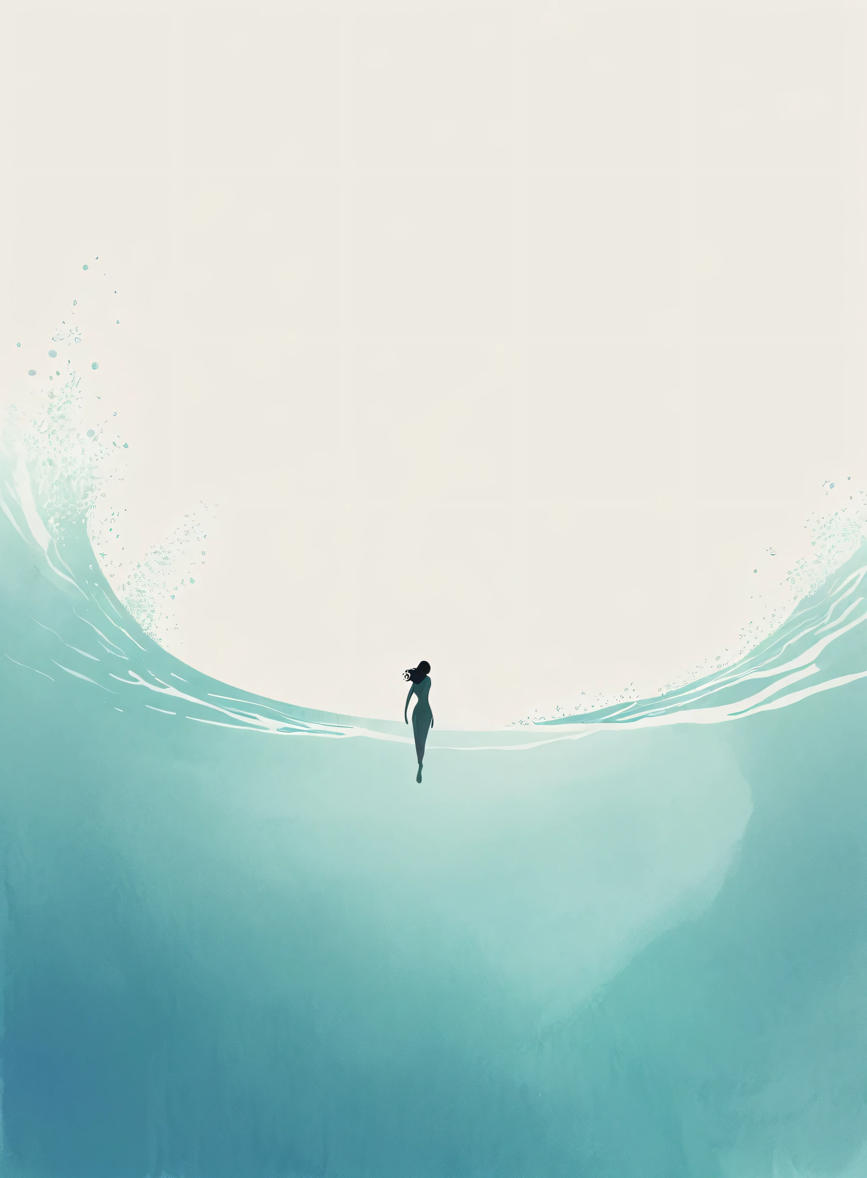 Minimalist Journey, diving, Solitary, 1 girl swimming gracefully with beautiful curves, Minimalism, Under the Sea, illustration.