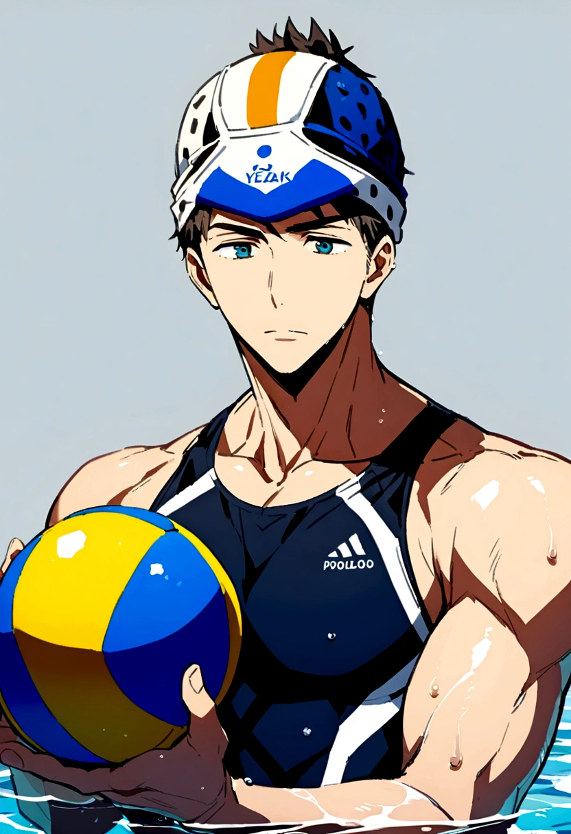 full-body sousuke_yamazaki wearing waterpolo swimsuit and waterpolo headwear, playing waterpolo