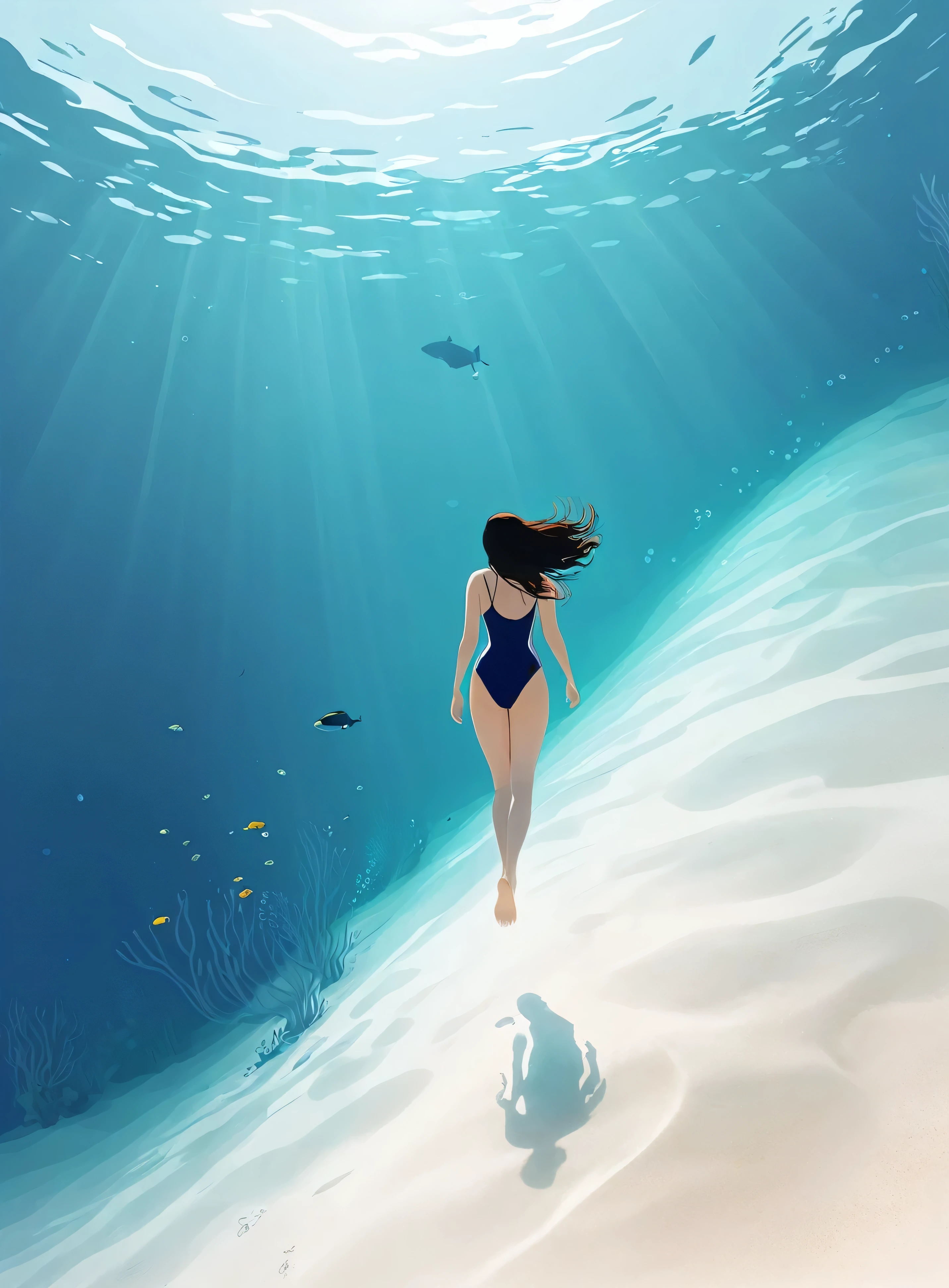 Minimalist Journey, diving, Solitary, 1 girl swimming gracefully with beautiful curves, Minimalism, Under the Sea, illustration.