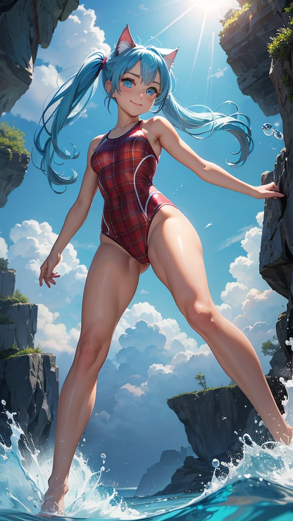 (high resolution, full body, soft skin:1.2),(best illustration,masterpiece:1.2),ultra-detailed,[(cat ears , aqua blue inside:1.2, blue twin tail hair, aqua blue eyes, cat eyes, tan skin),vivid colors,sharp focus, sun lighting,bokeh, wearing a red plaid swimsuit, smiling,  diving in the water 