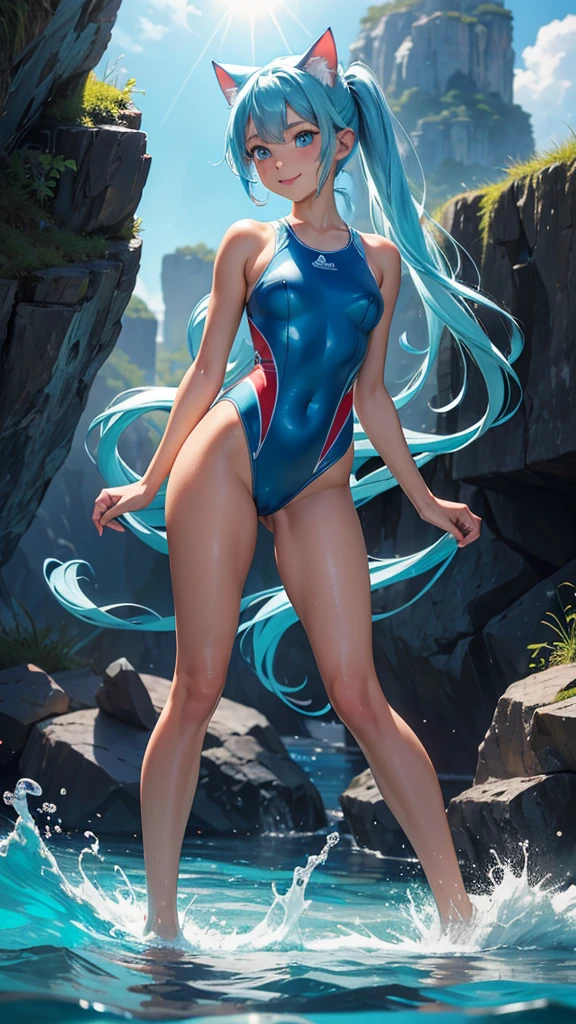 (high resolution, full body, soft skin:1.2),(best illustration,masterpiece:1.2),ultra-detailed,[(cat ears , aqua blue inside:1.2, blue twin tail hair, aqua blue eyes, cat eyes, tan skin),vivid colors,sharp focus, sun lighting,bokeh, wearing a red plaid swimsuit, smiling, diving in the water