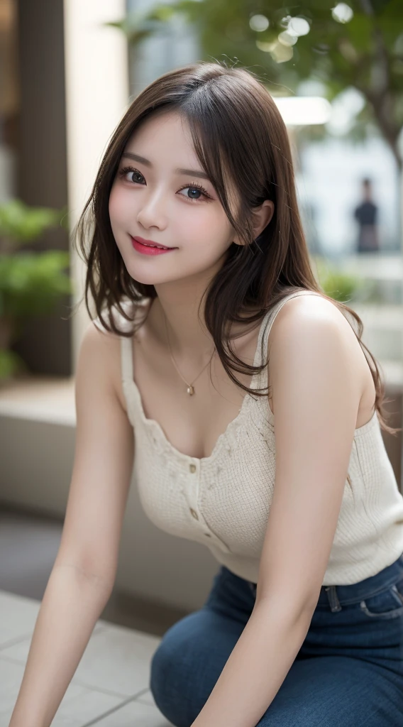 Tabletop, Highest quality, shape, Very detailed, finely, High resolution, 8k wallpaper, 完璧なダイナミックな構shape, Beautiful and exquisite,ランダムなcute髪,,Natural color lip、20-year-old girl、cute、Looking into the camera,Always blur the background,Perfect and beautiful face,Slim face and figure,Big eyes、Putting on gal makeup,Small face,Shooting from below、Blurred Background,Elegant feminine face、Cyberpunk Fashion、smile、Change pose randomly、Randomly change the shooting angle and position、Play in Hawaii