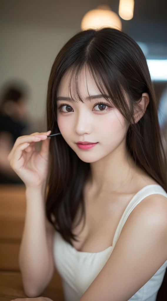 Tabletop, Highest quality, shape, Very detailed, finely, High resolution, 8k wallpaper, 完璧なダイナミックな構shape, Beautiful and exquisite,ランダムなcute髪,,Natural color lip、20-year-old girl、cute、Looking into the camera,Always blur the background,Perfect and beautiful face,Slim face and figure,Big eyes、Putting on gal makeup,Small face,Shooting from below、Blurred Background,Elegant feminine face、Cyberpunk Fashion、smile、Change pose randomly、Randomly change the shooting angle and position、Play in Hawaii