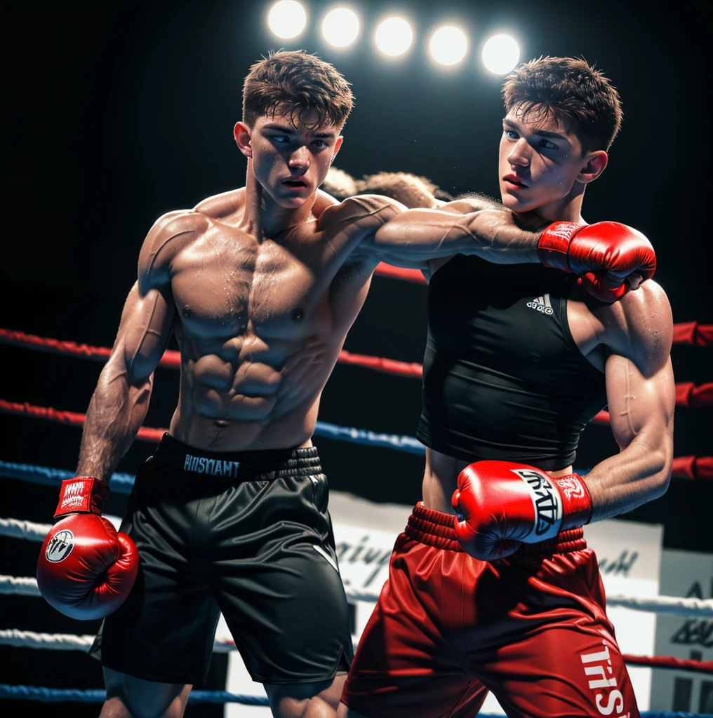 (RAW photo, best quality), (realistic, photo-realistic:1.3), best quality, highly detailed, masterpiece, ultra-detailed, illustration, 1man, lower body, dynamic angle, world masterpiece theater, boxing ring, boxing gloves, determined expression, sweaty face, muscular build, lean physique, defined abs, red boxing shorts, black compression shorts, highly textured boxing shoes, realistic lighting, shadows, focused gaze, intense concentration, gritty texture, high resolution, cinematic, powerful pose, impressive muscles, vibrant colors, dslr camera, captivating.

Tom Holland, with chiseled jawline and piercing