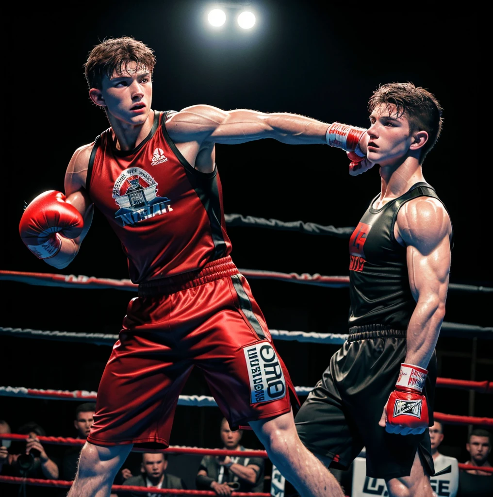 (RAW photo, best quality), (realistic, photo-realistic:1.3), best quality, highly detailed, masterpiece, ultra-detailed, illustration, 1man, lower body, dynamic angle, world masterpiece theater, boxing ring, boxing gloves, determined expression, sweaty face, muscular build, lean physique, defined abs, red boxing shorts, black compression shorts, highly textured boxing shoes, realistic lighting, shadows, focused gaze, intense concentration, gritty texture, high resolution, cinematic, powerful pose, impressive muscles, vibrant colors, dslr camera, captivating.
Tom Holland, with chiseled jawline and piercing
