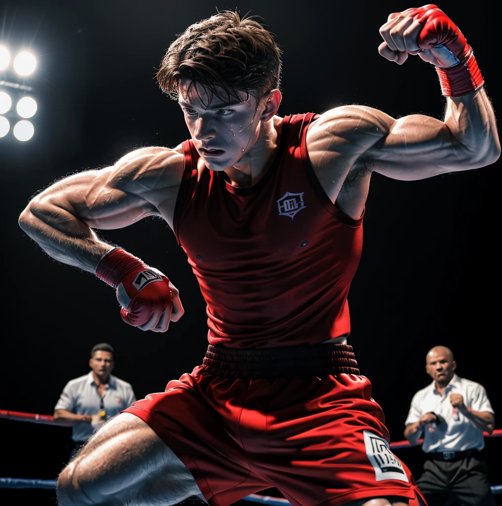 (RAW photo, best quality), (realistic, photo-realistic:1.3), best quality, highly detailed, masterpiece, ultra-detailed, illustration, 1man, lower body, dynamic angle, world masterpiece theater, boxing ring, boxing gloves, determined expression, sweaty face, muscular build, lean physique, defined abs, red boxing shorts, black compression shorts, highly textured boxing shoes, realistic lighting, shadows, focused gaze, intense concentration, gritty texture, high resolution, cinematic, powerful pose, impressive muscles, vibrant colors, dslr camera, captivating.
Tom Holland, with chiseled jawline and piercing