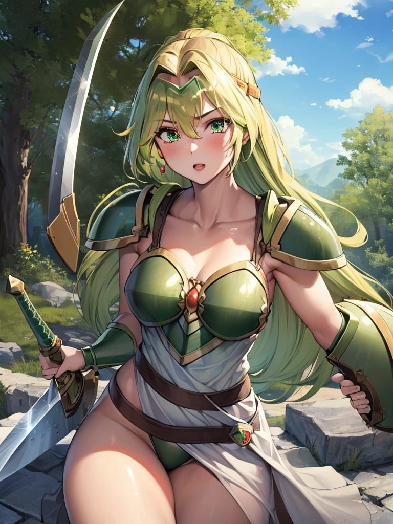 masterpiece, ultra-detailed, best quality,1girl, 18yo, beautiful girl,BREAK,(Green armor:1.6),Valkyrie,Slash with a sword,