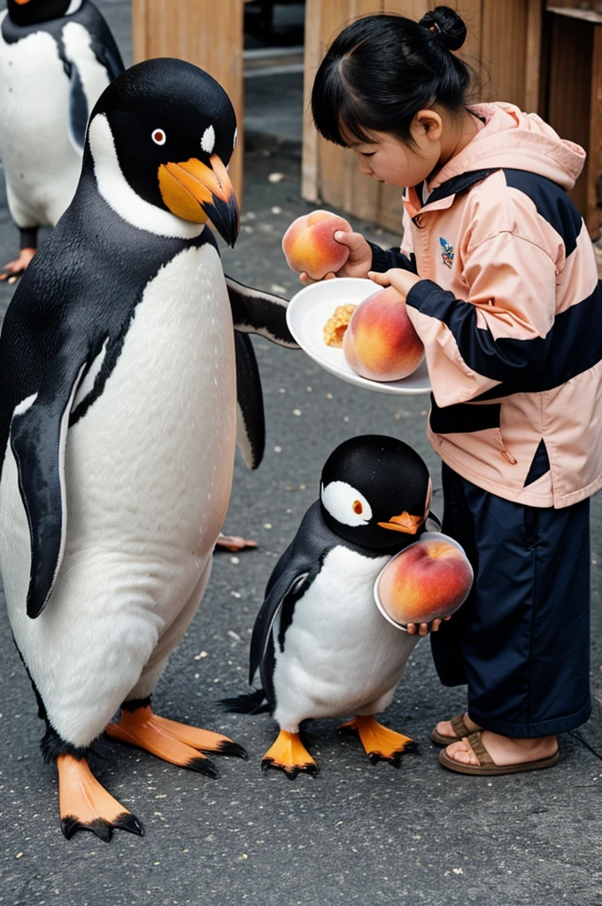 Chenese people eat some peach with penguin