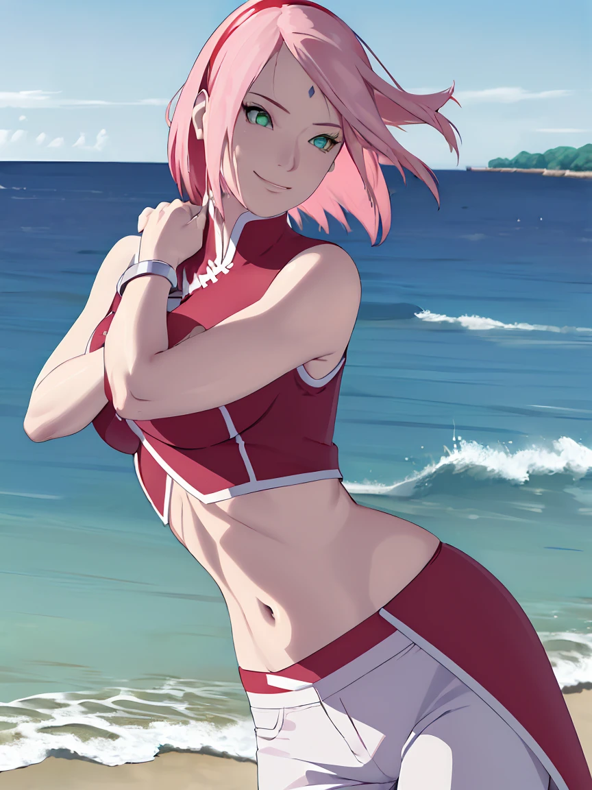 masterpiece, 1k, portrait, face shot, professional artwork, detailed beach background, intricate details, colorful, digital blending, (ultra detailed body, ultra detail hair, ultra detail face), trending on pixiv, kind smile, very hot color, best quality, anime style: 1.9, 1girl, hires, haruno sakura, (forehead mark, milf, red hairband, pale skin, short hair, ((red sleeveless dress), white pants), (navel, belly button, groin, bracelet, pink hair), (ultra detailed green eyes), smile, beach, wind, floating hair, detailed arms, off-shoulders, slightly muscular arms, (dirty armpits), standing)