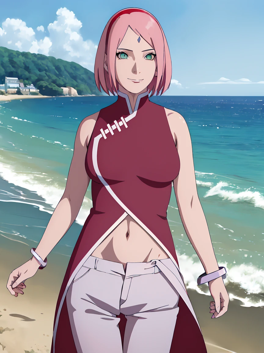 masterpiece, 1k, portrait, face shot, professional artwork, detailed beach background, intricate details, colorful, digital blending, (ultra detailed body, ultra detail hair, ultra detail face), trending on pixiv, kind smile, very hot color, best quality, anime style: 1.9, 1girl, hires, haruno sakura, (forehead mark, milf, red hairband, pale skin, short hair, ((red sleeveless dress), white pants), (navel, belly button, groin, bracelet, pink hair), (ultra detailed green eyes), smile, beach, wind, floating hair, detailed arms, off-shoulders, slightly muscular arms, (dirty armpits), standing)