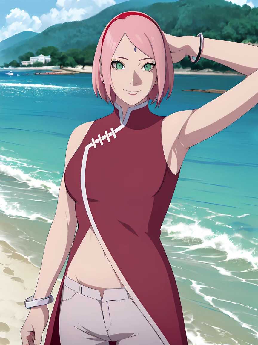 masterpiece, 1k, portrait, face shot, professional artwork, detailed beach background, intricate details, colorful, digital blending, (ultra detailed body, ultra detail hair, ultra detail face), trending on pixiv, kind smile, very hot color, best quality, anime style: 1.9, 1girl, hires, haruno sakura, (forehead mark, milf, red hairband, pale skin, short hair, ((red sleeveless dress), white pants), (navel, belly button, groin, bracelet, pink hair), (ultra detailed green eyes), smile, beach, wind, floating hair, detailed arms, off-shoulders, slightly muscular arms, (dirty armpits), standing)