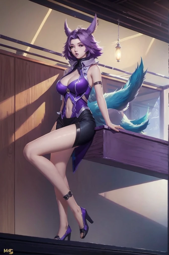 Fan Qi, league of legends splash art, big breasts and exposed breasts a detailed painting, sots art, 1girl, ((big breasts:1.21)), cleavage, short hair, looking at viewer, (((indoors:1.33))), purple hair, standing and 2 hands drop down, sky, soaking feet, a slim navel, full body, (masterpiece, best quality:1.5),