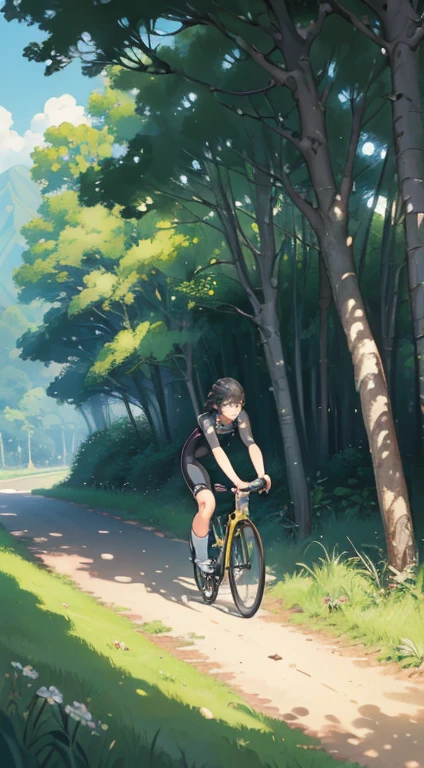 (bike: 1.5), (realistic bike: 1.5), (realistic cyclist: 1.5), cyclist back to foreground, lofi landscape, naturey, floor, forst, Compensation, undergrowth, landscape background, eyeshadows, sharp contrast, makoto shinkai (best qualityer:1.3), (alta refloorução:1) Studio Ghibli style art, swirly vibrant colors, Impressionism