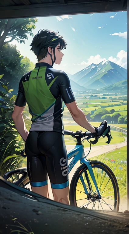 (bike: 1.5), (realistic bike: 1.5), (realistic cyclist: 1.5), cyclist back to foreground, lofi landscape, naturey, floor, forst, Compensation, undergrowth, landscape background, eyeshadows, sharp contrast, makoto shinkai (best qualityer:1.3), (alta refloorução:1) Studio Ghibli style art, swirly vibrant colors, Impressionism